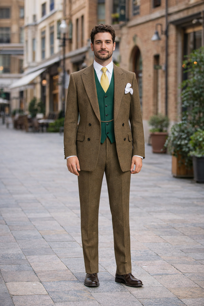 Al Capone Outfit for Men Brown Double Breasted Suit $179 + Hunter Green Vest $59