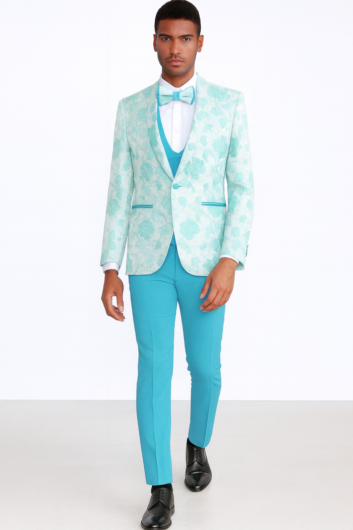 Aqua Tuxedo with Floral Pattern Four Piece Set - Wedding - Prom 2026 - Men's Flower Suit