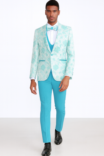 Aqua Tuxedo with Floral Pattern Four Piece Set - Wedding - Prom 2026 - Men's Flower Suit
