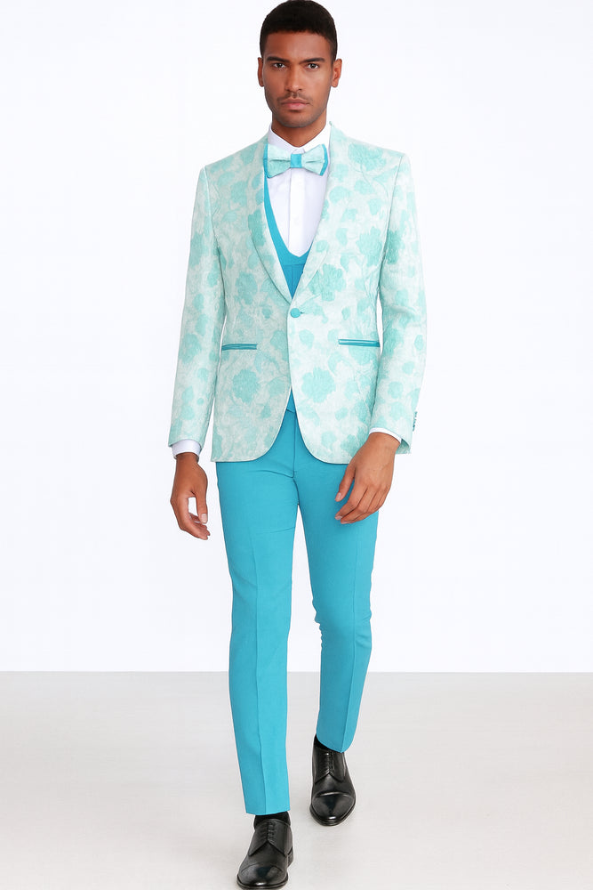 Aqua Tuxedo with Floral Pattern Four Piece Set - Wedding - Prom 2026 - Men's Flower Suit