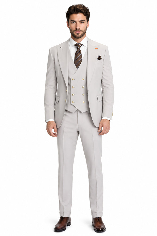 Men's Ash Statement Ticket Pocket Peak Lapel Wool Double Breasted Vest Suit with Gold Buttons – Modern Fit