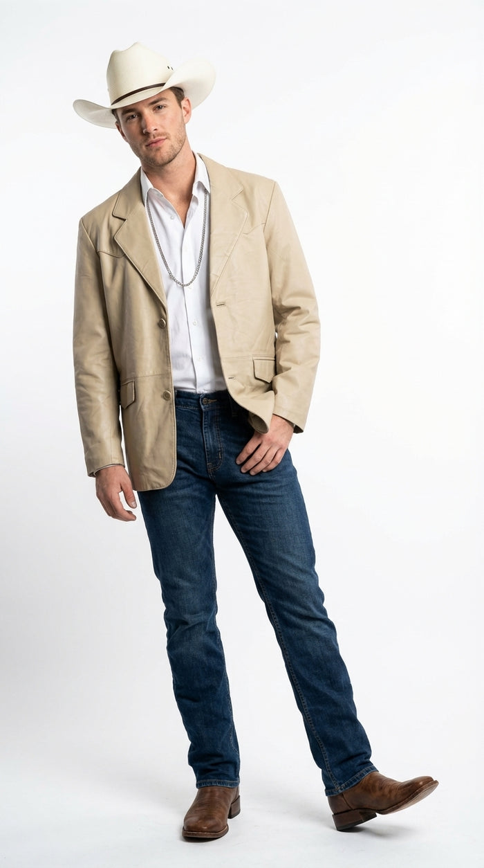 Mens Beige Sand Off White Cream Real Leather Cowboy Western Blazer – Classic Western Style Leather Jacket Casual Formal Ranch Coat for Men