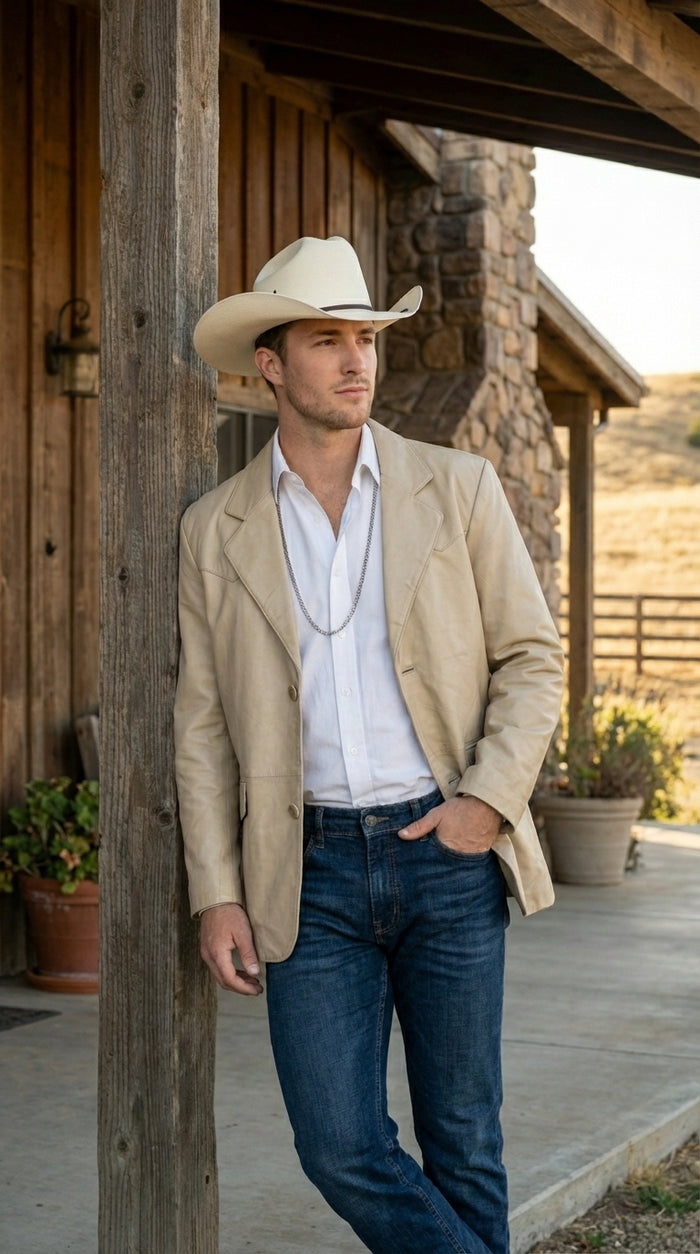 Mens Beige Sand Off White Cream Real Leather Cowboy Western Blazer – Classic Western Style Leather Jacket Casual Formal Ranch Coat for Men