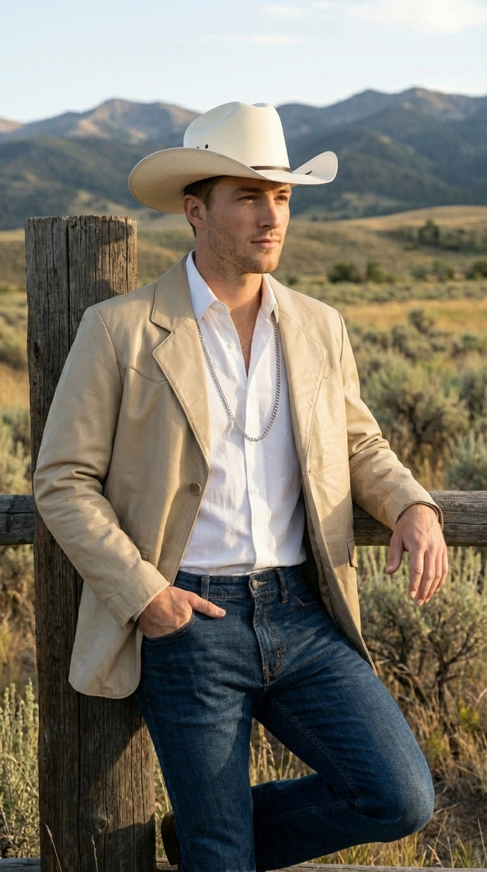 Mens Beige Sand Off White Cream Real Leather Cowboy Western Blazer – Classic Western Style Leather Jacket Casual Formal Ranch Coat for Men