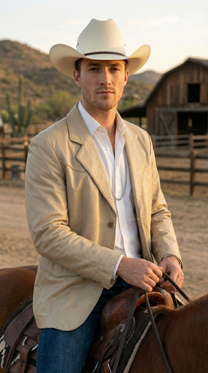 Mens Beige Sand Off White Cream Real Leather Cowboy Western Blazer – Classic Western Style Leather Jacket Casual Formal Ranch Coat for Men
