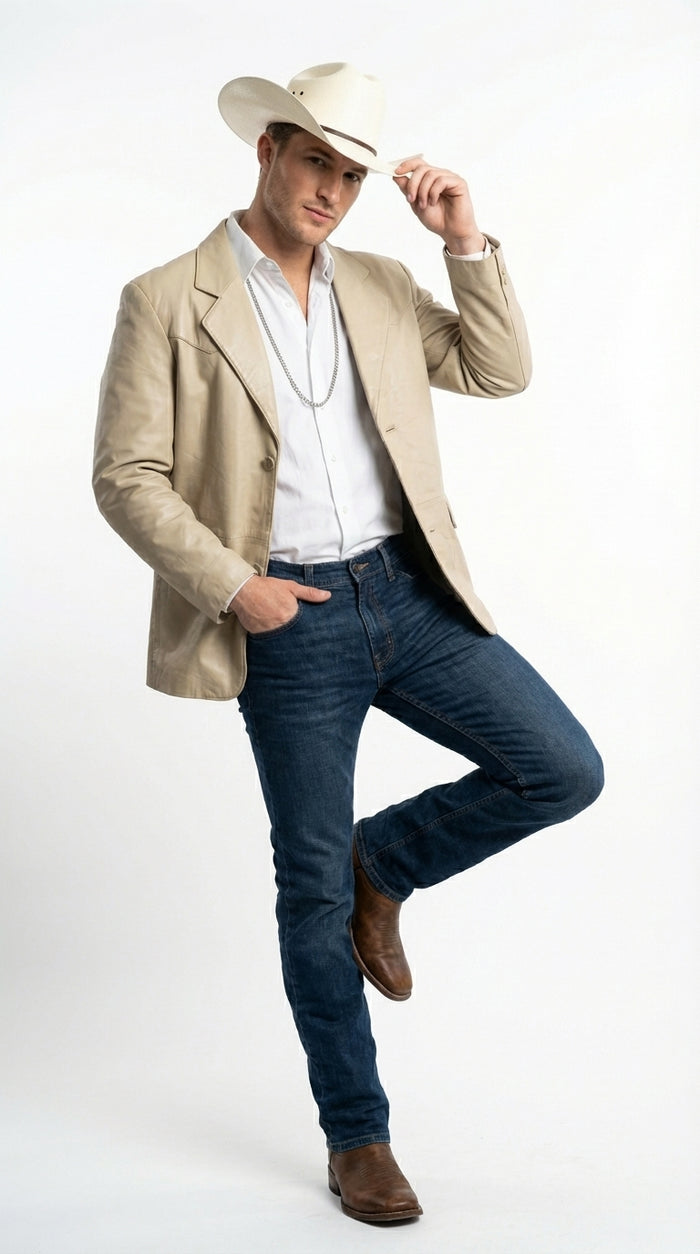 Mens Beige Sand Off White Cream Real Leather Cowboy Western Blazer – Classic Western Style Leather Jacket Casual Formal Ranch Coat for Men