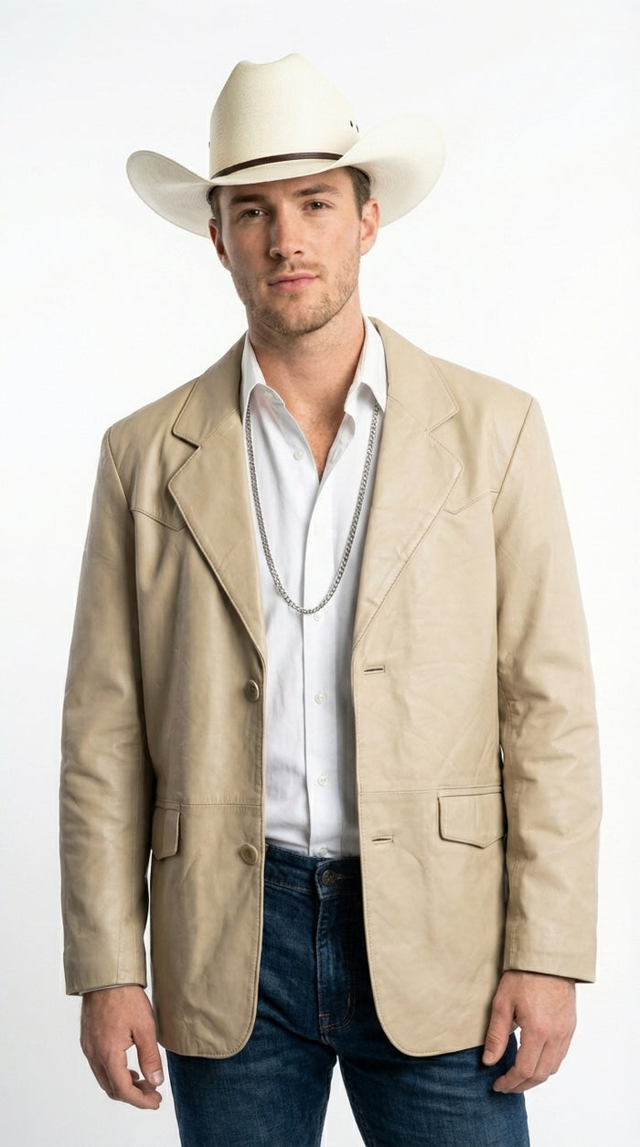 Mens Beige Sand Off White Cream Real Leather Cowboy Western Blazer – Classic Western Style Leather Jacket Casual Formal Ranch Coat for Men