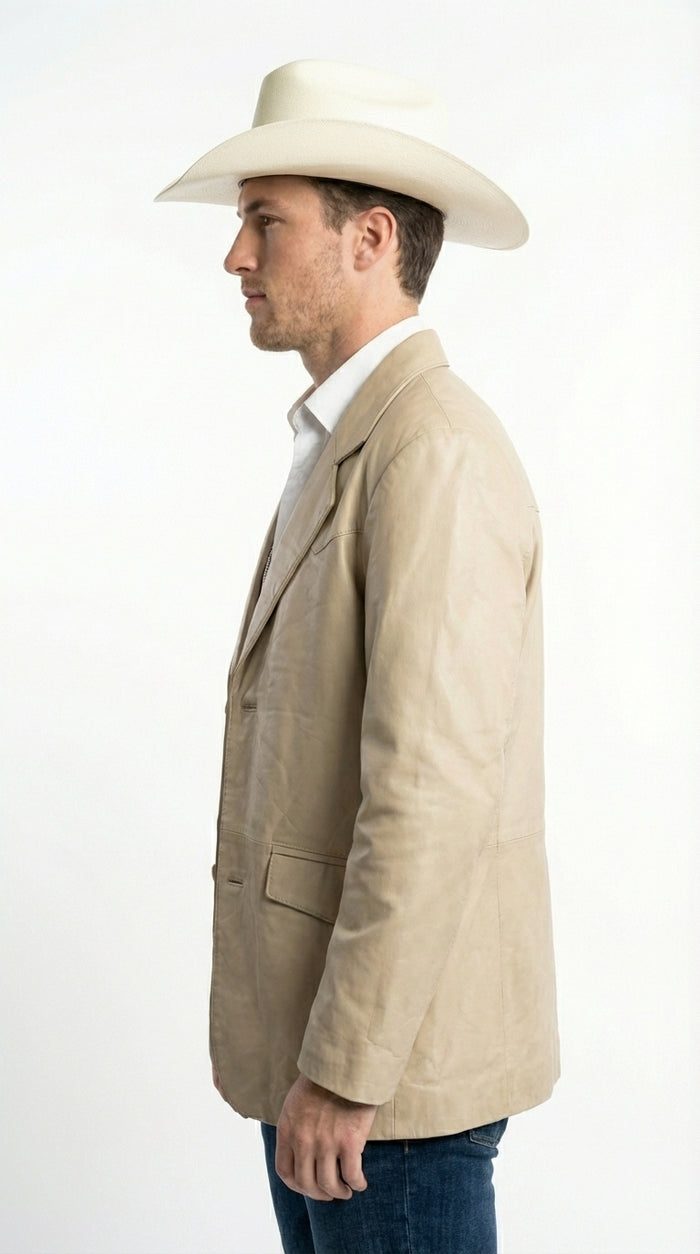 Mens Beige Sand Off White Cream Real Leather Cowboy Western Blazer – Classic Western Style Leather Jacket Casual Formal Ranch Coat for Men