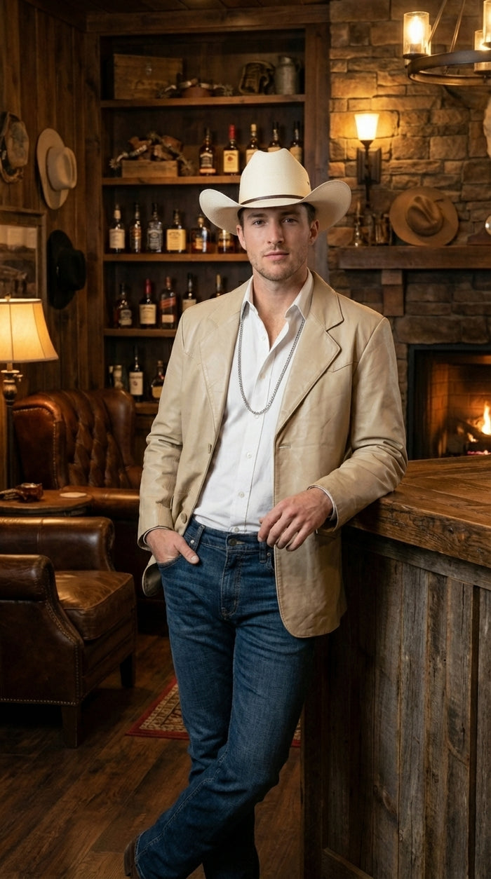 Mens Beige Sand Off White Cream Real Leather Cowboy Western Blazer – Classic Western Style Leather Jacket Casual Formal Ranch Coat for Men