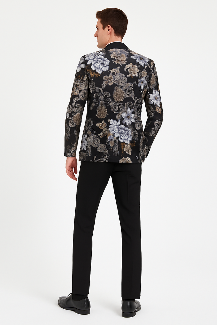 Men’s Black and Gold and Silver Floral Jacquard Blazer with Satin Shawl Lapel Tuxedo Suit With Black Pants with Bowtie