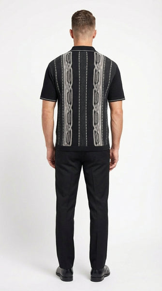 Mens Black and Gray Pattern Walking Suit Set – Short Sleeve Knit Shirt and Pants Casual Outfit for Summer, Travel and Everyday Wear