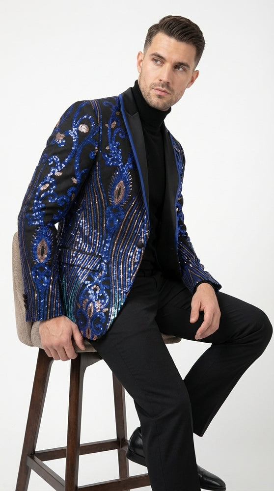 Mens Black and Royal and Gold and Navy Blue Sequin Tuxedo Suit Set – Luxury Prom Wedding Tuxedo with Sequin Jacket