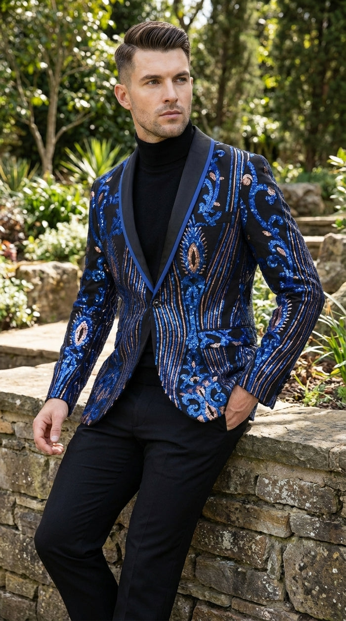 Mens Black and Royal and Gold and Navy Blue Sequin Tuxedo Suit Set – Luxury Prom Wedding Tuxedo with Sequin Jacket