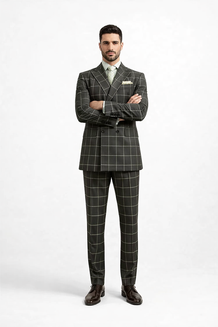 Men's Black and White Pattern Plaid ~ Windowpane Men's Double Breasted Suits Jacket Blazer ~ Sport Coat