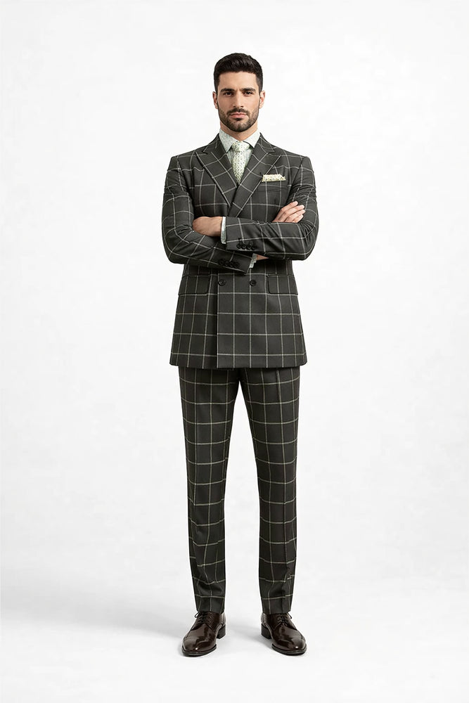 Men's Black and White Pattern Plaid ~ Windowpane Men's Double Breasted Suits Jacket Blazer ~ Sport Coat