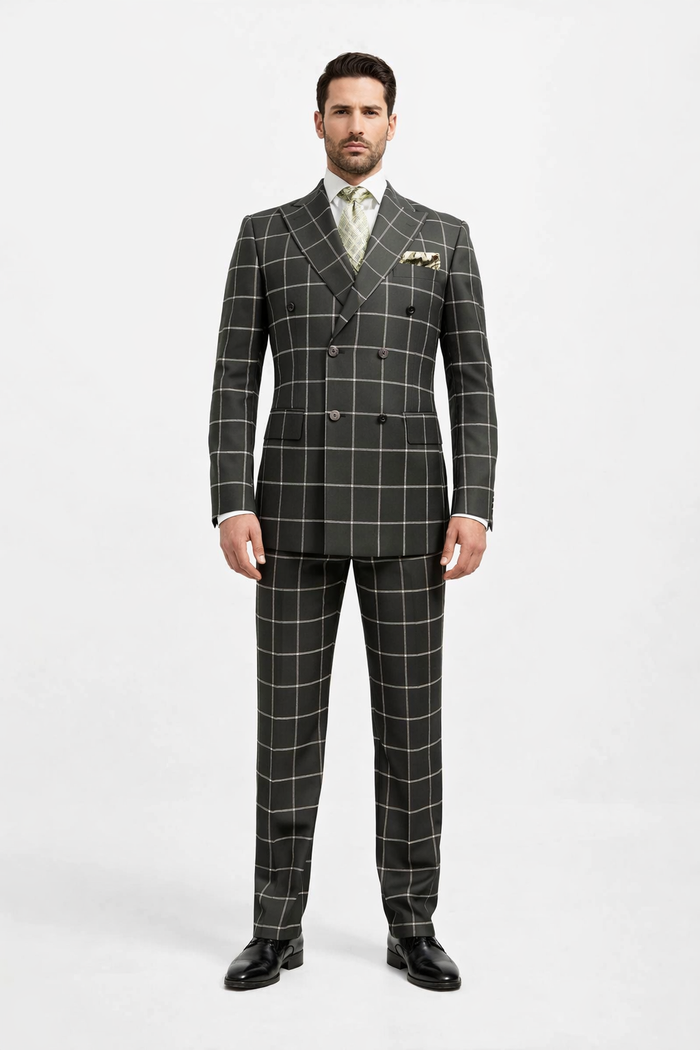 Men's Black and White Pattern Plaid ~ Windowpane Men's Double Breasted Suits Jacket Blazer ~ Sport Coat