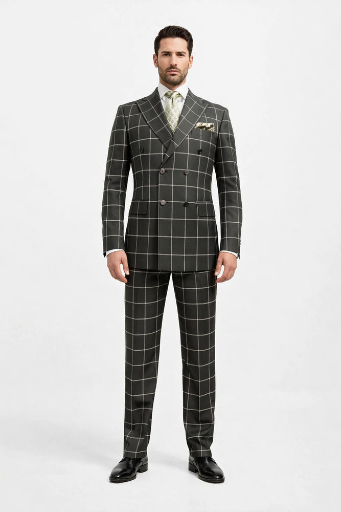 Men's Black and White Pattern Plaid ~ Windowpane Men's Double Breasted Suits Jacket Blazer ~ Sport Coat