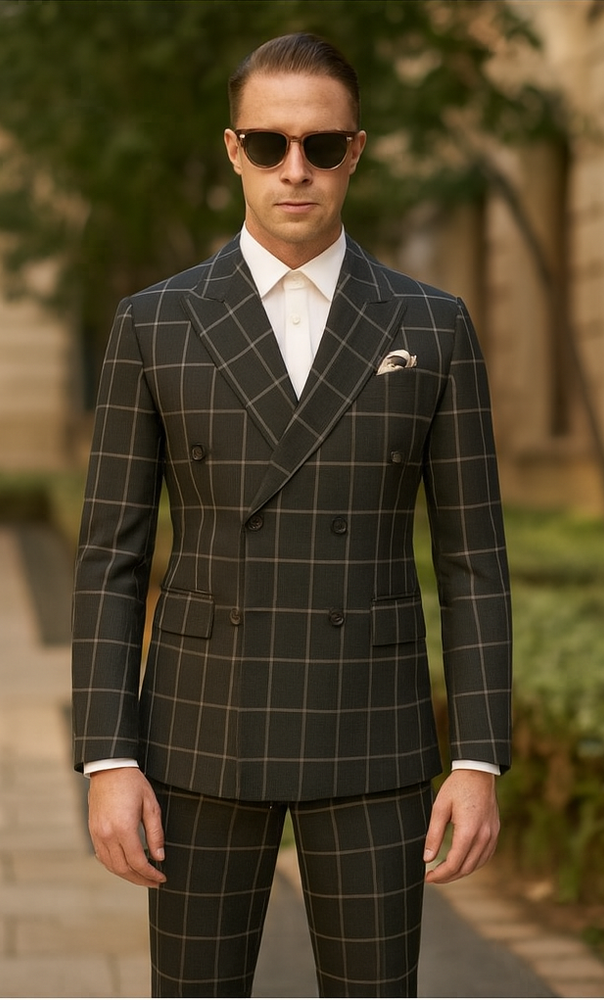 Men's Black and White Pattern Plaid ~ Windowpane Men's Double Breasted Suits Jacket Blazer ~ Sport Coat