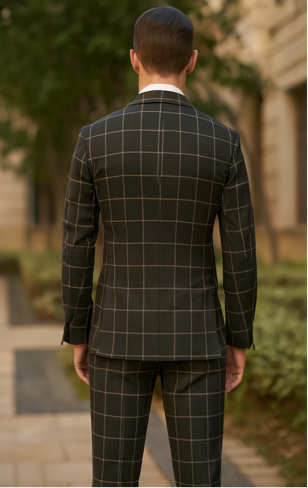 Men's Black and White Pattern Plaid ~ Windowpane Men's Double Breasted Suits Jacket Blazer ~ Sport Coat