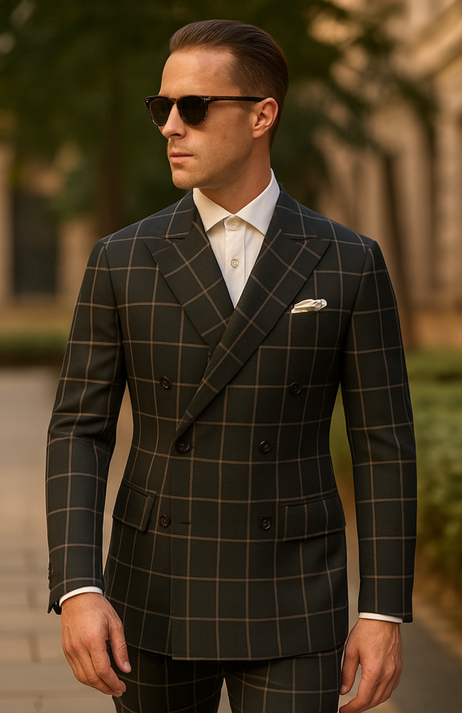 Men's Black and White Pattern Plaid ~ Windowpane Men's Double Breasted Suits Jacket Blazer ~ Sport Coat