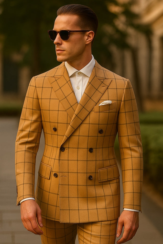 Men's Black and White Pattern Plaid ~ Windowpane Men's Double Breasted Suits Jacket Blazer ~ Sport Coat