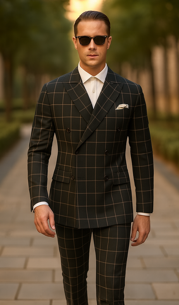 Men's Black and White Pattern Plaid ~ Windowpane Men's Double Breasted Suits Jacket Blazer ~ Sport Coat