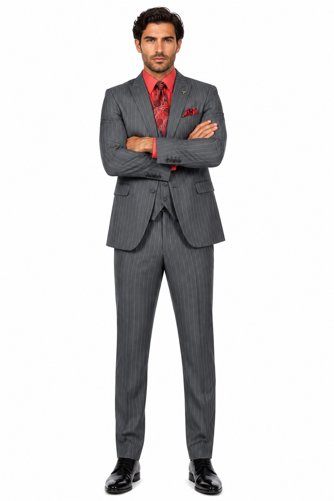 Men's Black Big and Tall Grey Pinstripe Vested Suit