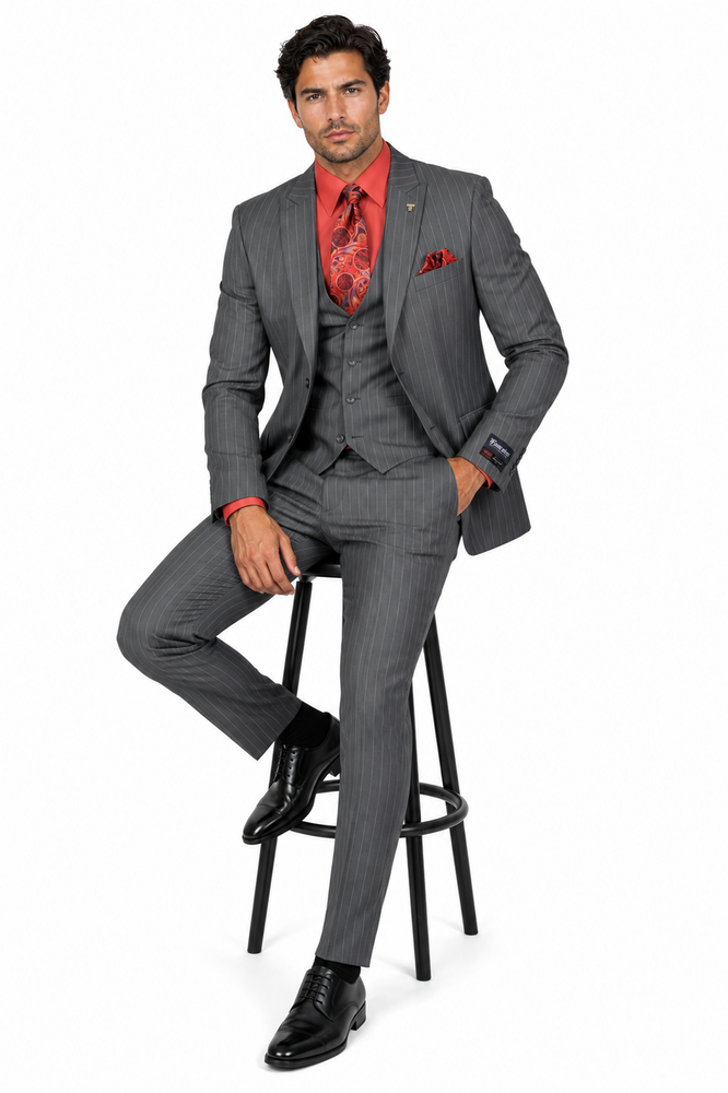 Men's Black Big and Tall Grey Pinstripe Vested Suit