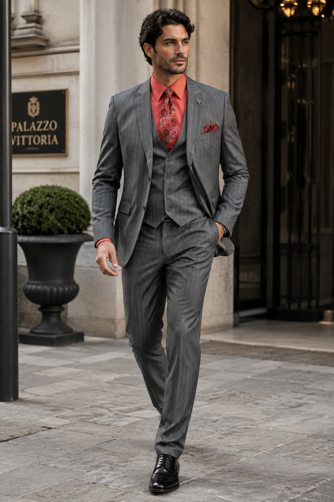 Men's Black Big and Tall Grey Pinstripe Vested Suit