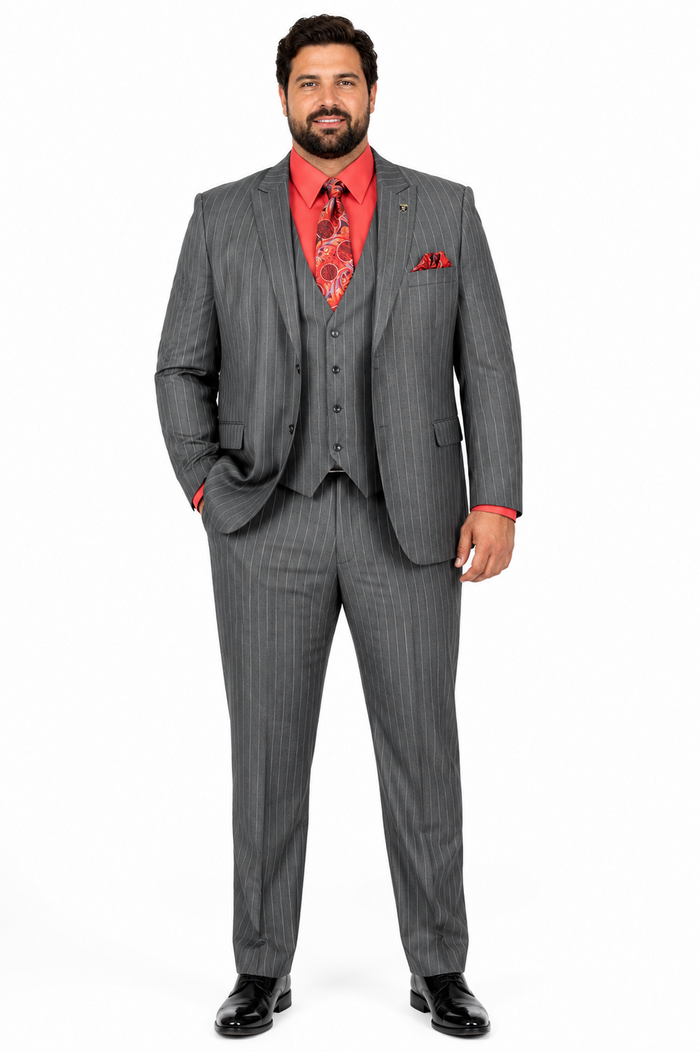 Men's Black Big and Tall Grey Pinstripe Vested Suit