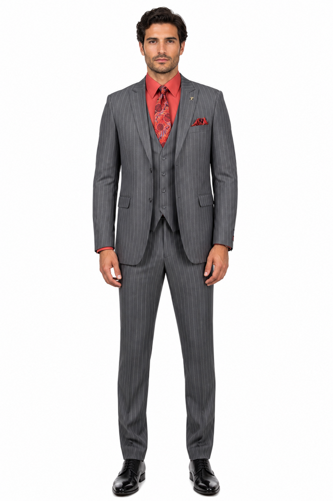 Men's Black Big and Tall Grey Pinstripe Vested Suit