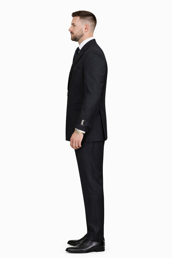 Men’s Black Double Breasted Wool Suit with Metal Buckle Closure