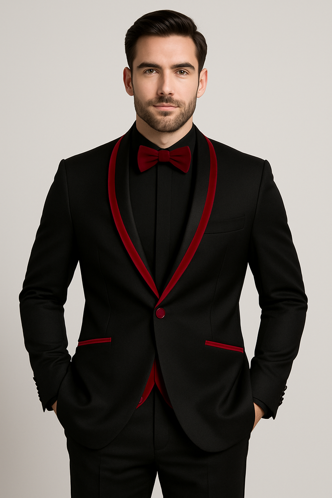 Prom 2025 ~ Wedding Tuxedo Dinner Jacket Black/Burgundy Trim
