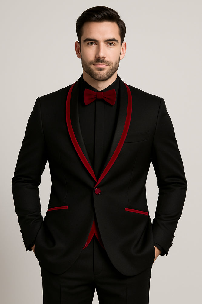 Prom 2026 ~ Wedding Tuxedo Dinner Jacket Black/Burgundy Trim