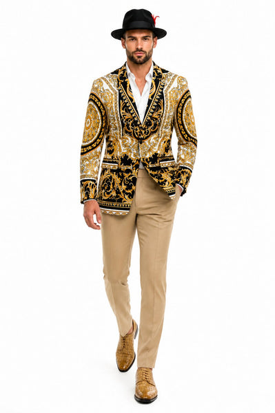 Men’s Black and Gold Baroque Blazer with Matching Pants, Hat, and Shoes – Luxury Party and Wedding Outfit Set