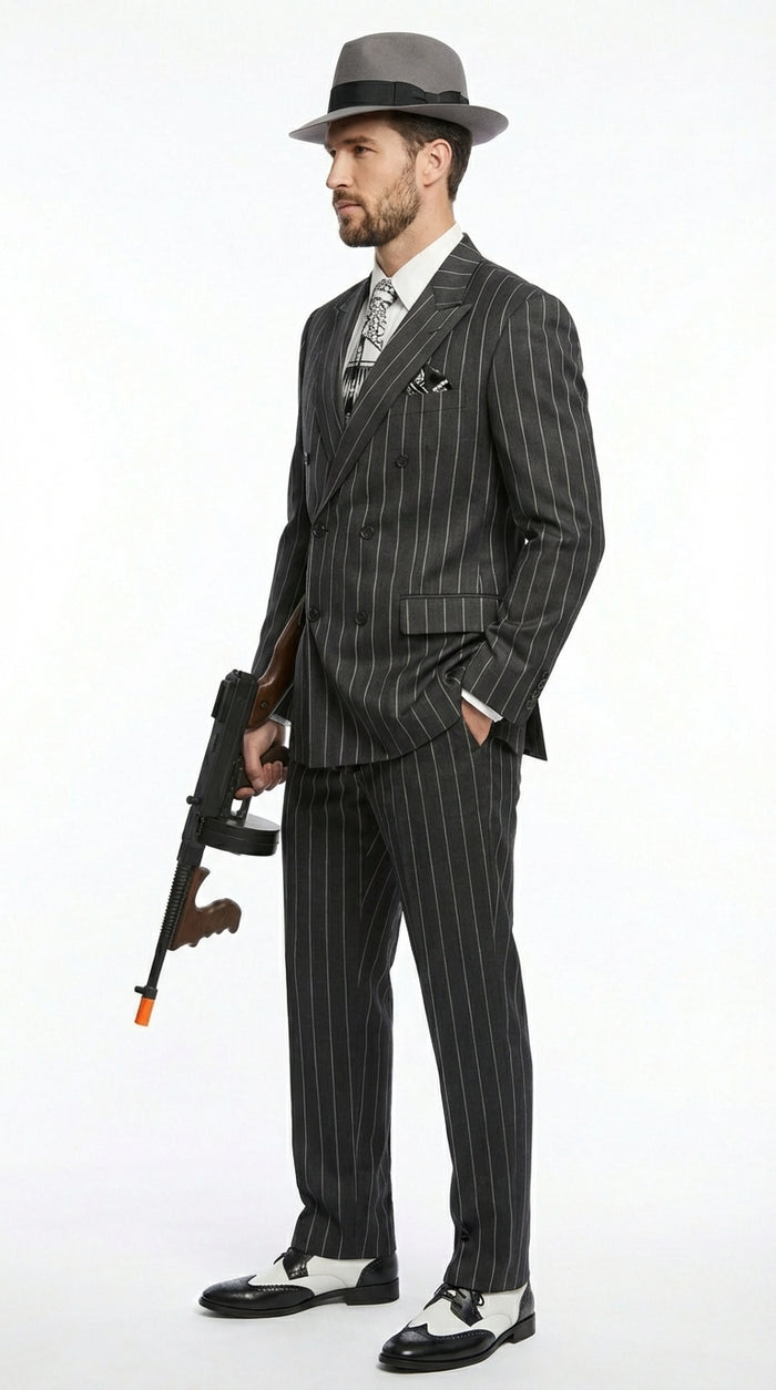 Mens Black Pinstripe AI Capone Suit – Vintage 1920s Gangster Style