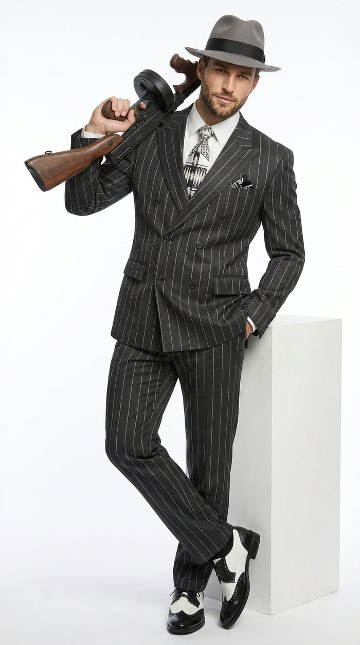Mens Black Pinstripe AI Capone Suit – Vintage 1920s Gangster Style