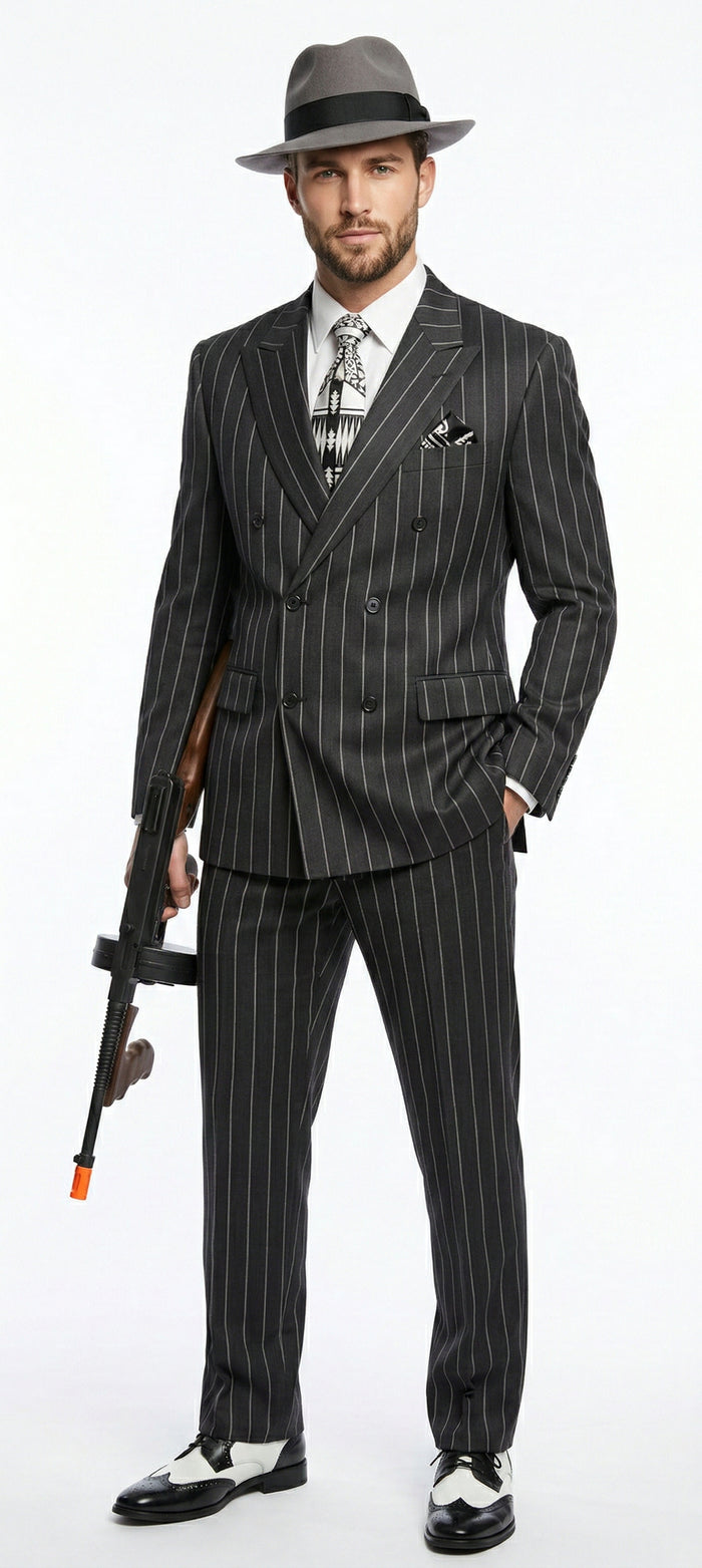 Mens Black Pinstripe AI Capone Suit – Vintage 1920s Gangster Style