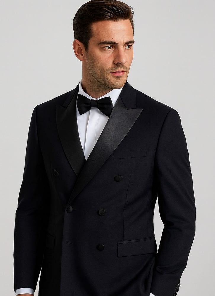 Men's Black Slim Fit Double breasted Suits Tuxedo Flat Front Pants