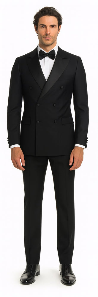 Men's Black Slim Fit Double breasted Suits Tuxedo Flat Front Pants