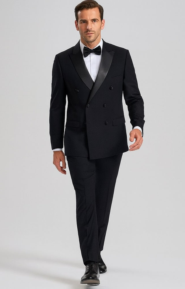 Men's Black Slim Fit Double breasted Suits Tuxedo Flat Front Pants