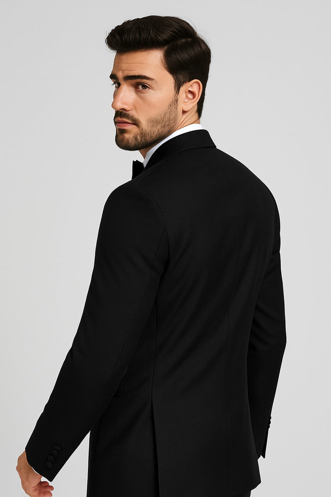 Men's Black Slim Fit Double breasted Suits Tuxedo Flat Front Pants