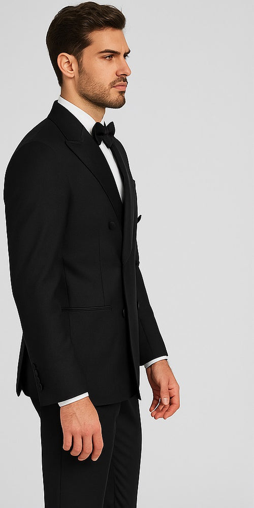 Men's Black Slim Fit Double breasted Suits Tuxedo Flat Front Pants