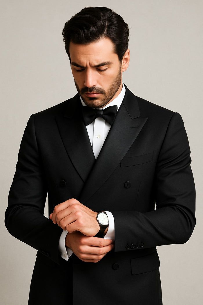 Men's Black Slim Fit Double breasted Suits Tuxedo Flat Front Pants
