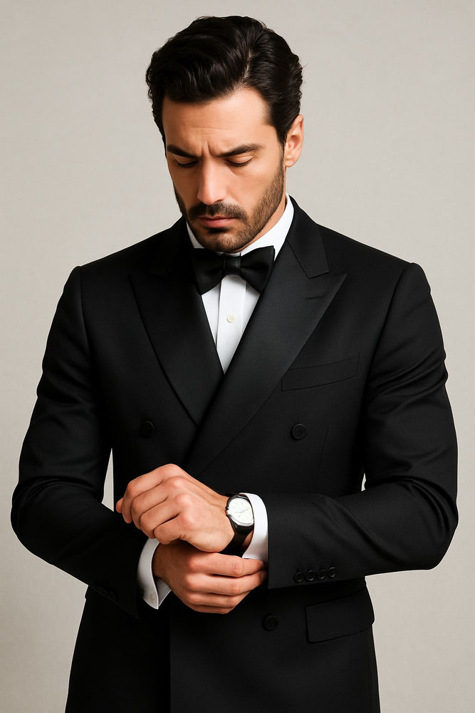 Men's Black Slim Fit Double breasted Suits Tuxedo Flat Front Pants