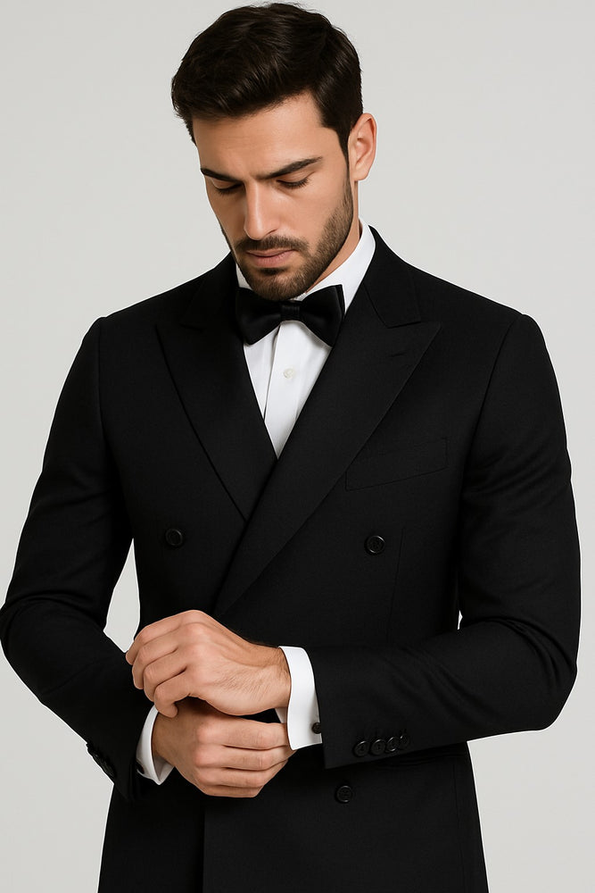 Men's Black Slim Fit Double breasted Suits Tuxedo Flat Front Pants