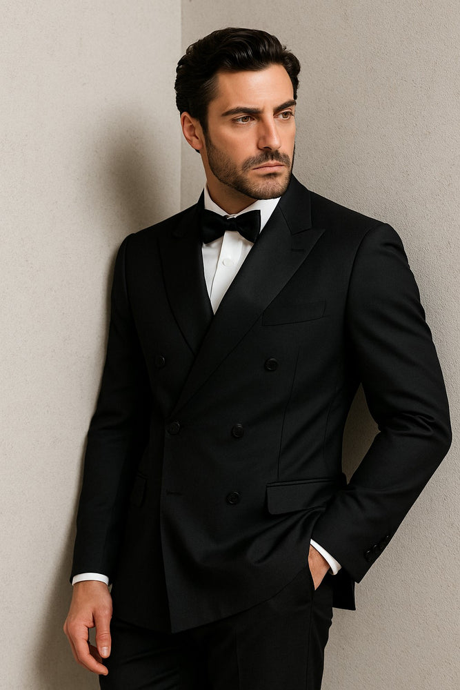 Men's Black Slim Fit Double breasted Suits Tuxedo Flat Front Pants