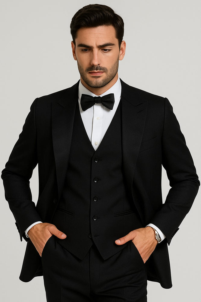 Men's Black Slim Fit Double breasted Suits Tuxedo Flat Front Pants