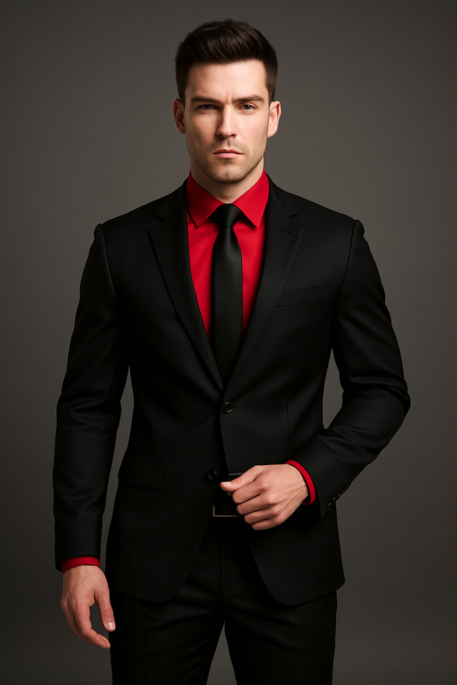 Men's Black Suit Red Shirt Black Tie Package Combo ~ Combination Deal As Seen In The Picture