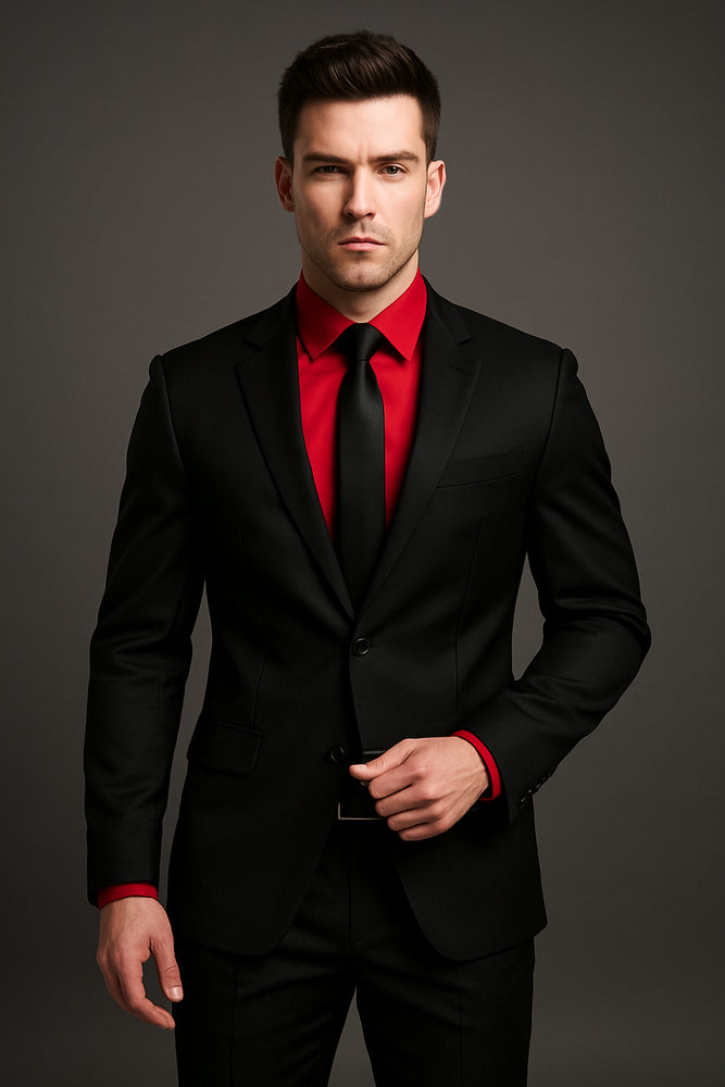 Men's Black Suit Red Shirt Black Tie Package Combo ~ Combination Deal As Seen In The Picture